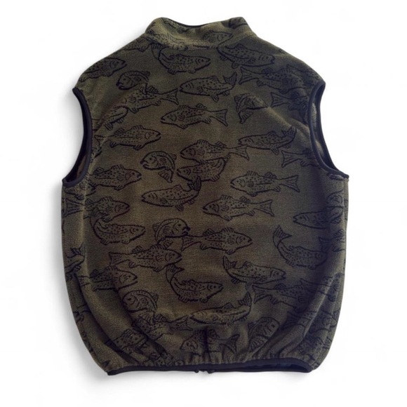 Men’s Vintage Wyoming Wear USA Made Fish Pattern Fleece Vest Gilet Olive Green L - Picture 2 of 6